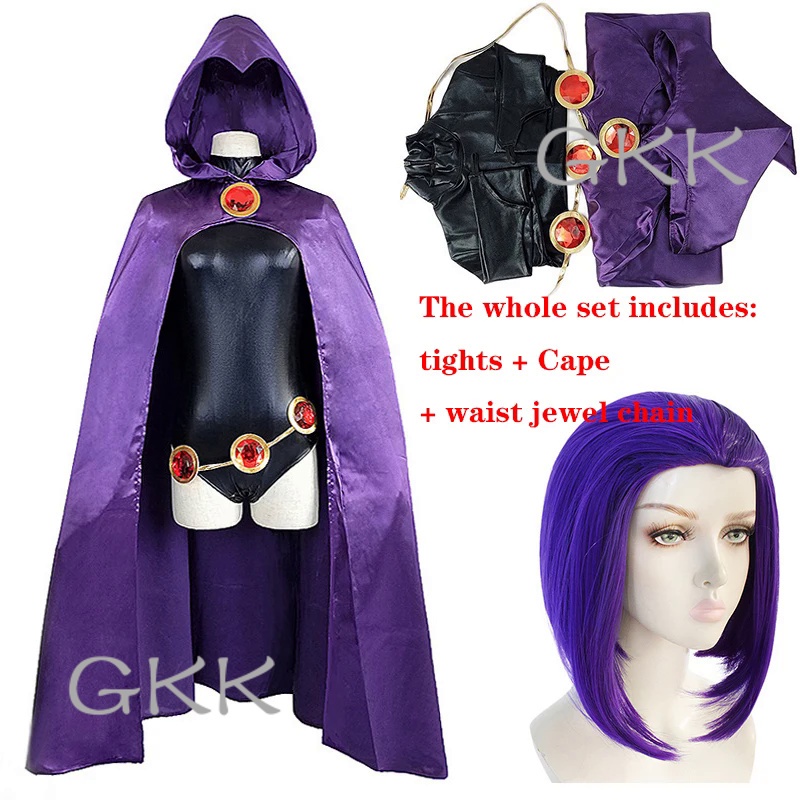 GK Teen Titans Raven Cosplay Costume Superhero Cloak Jumpsuits Zentai Halloween Tight clothes + Cape