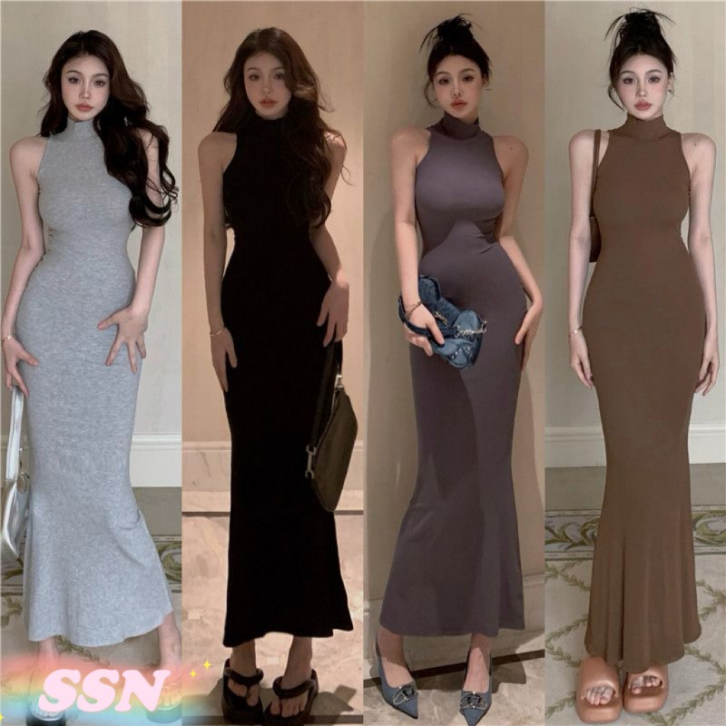 (จัดส่งจากประเทศไทย) ใหม่แฟชั่นสาวร้อนชุดเดรสแขนกุด ผู้หญิง Slim Slim เซ็กซี่ Fishtail ชุดกระโปรงยาว