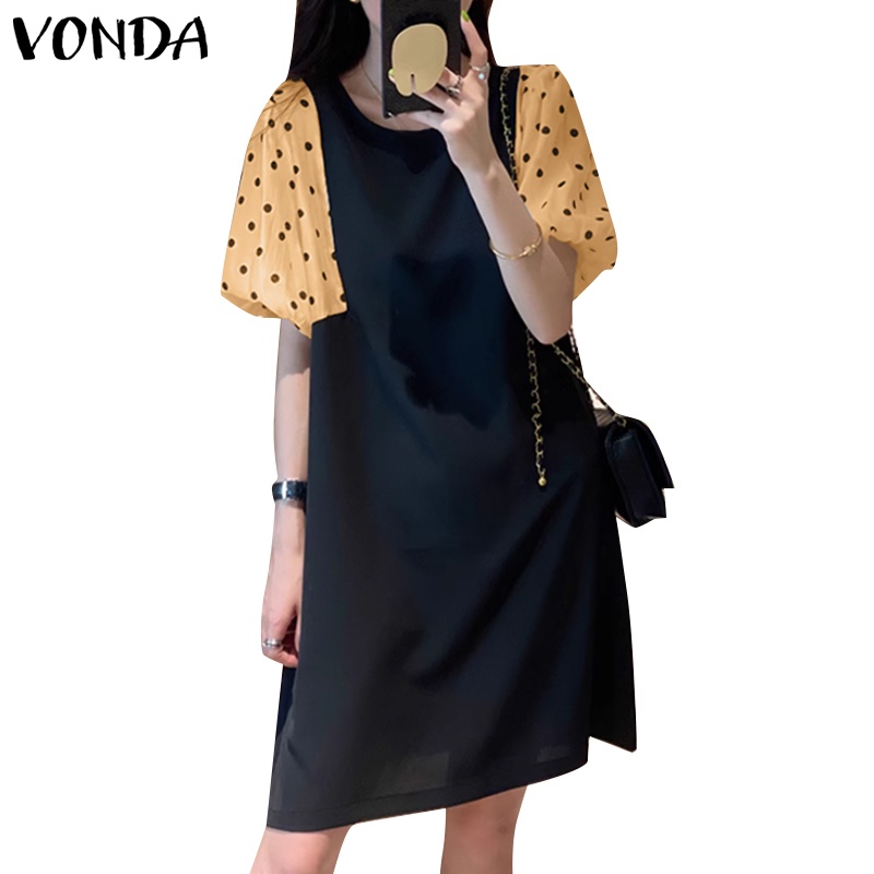 Vonda ชุดเดรส คอกลม แขนสั้น ลายจุด สไตล์เกาหลี สําหรับผู้หญิง