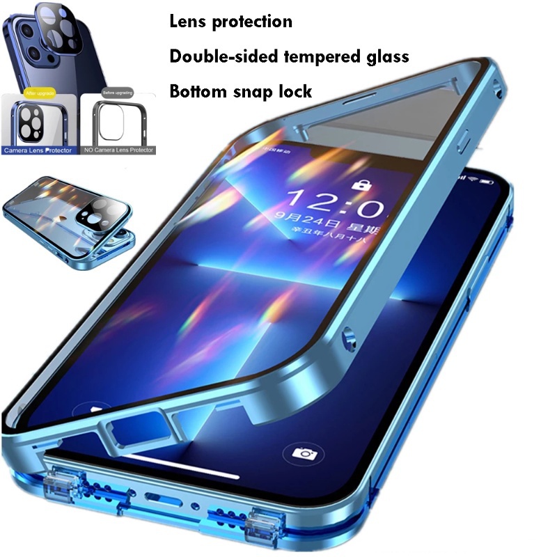 เคสโทรศัพท์มือถือกระจก แบบสองด้าน ป้องกันเลนส์กล้อง 360 องศา สําหรับ iPhone 14 13 12 11 XS Pro Max Plus X XR