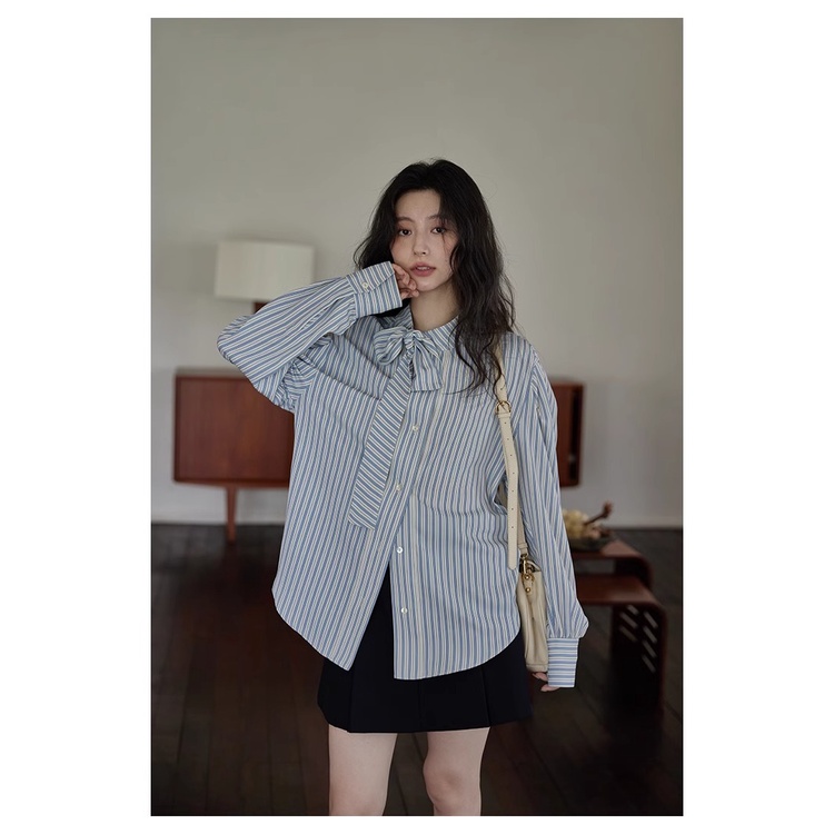 Suxi เสื้อเชิ้ตแขนยาวลําลอง คอโบว์ ทรงหลวม ลายทาง สไตล์เกาหลี เรโทร สําหรับผู้หญิง