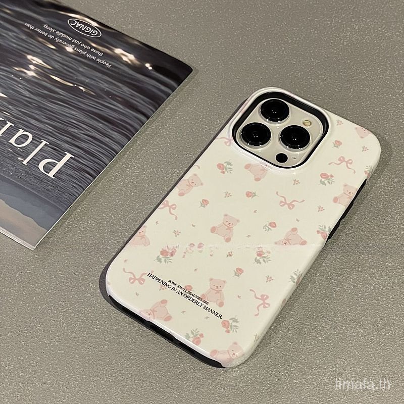 เคสโทรศัพท์มือถือ กันกระแทก ลายดอกไม้ หมี สไตล์เกาหลี ญี่ปุ่น สําหรับ Iphone 13 14promax 15promax XR XS XSMAX 7 8plus Two-in-One 11 12 14plus 11PROMAX 12PROMAX 13PROMAX