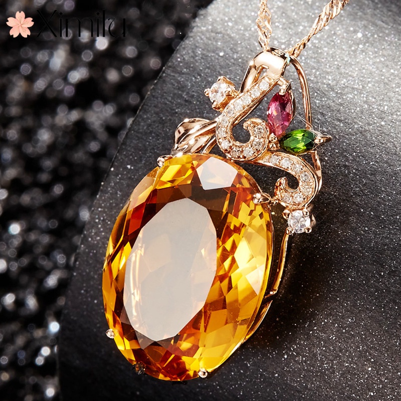 โปร่งใสโปร่งใส Original Shining Citrine จี้หรูหราฝัง Horse Eye เพชรดอกไม้ Leaf สร้อยคอผู้หญิงเครื่องประดับ