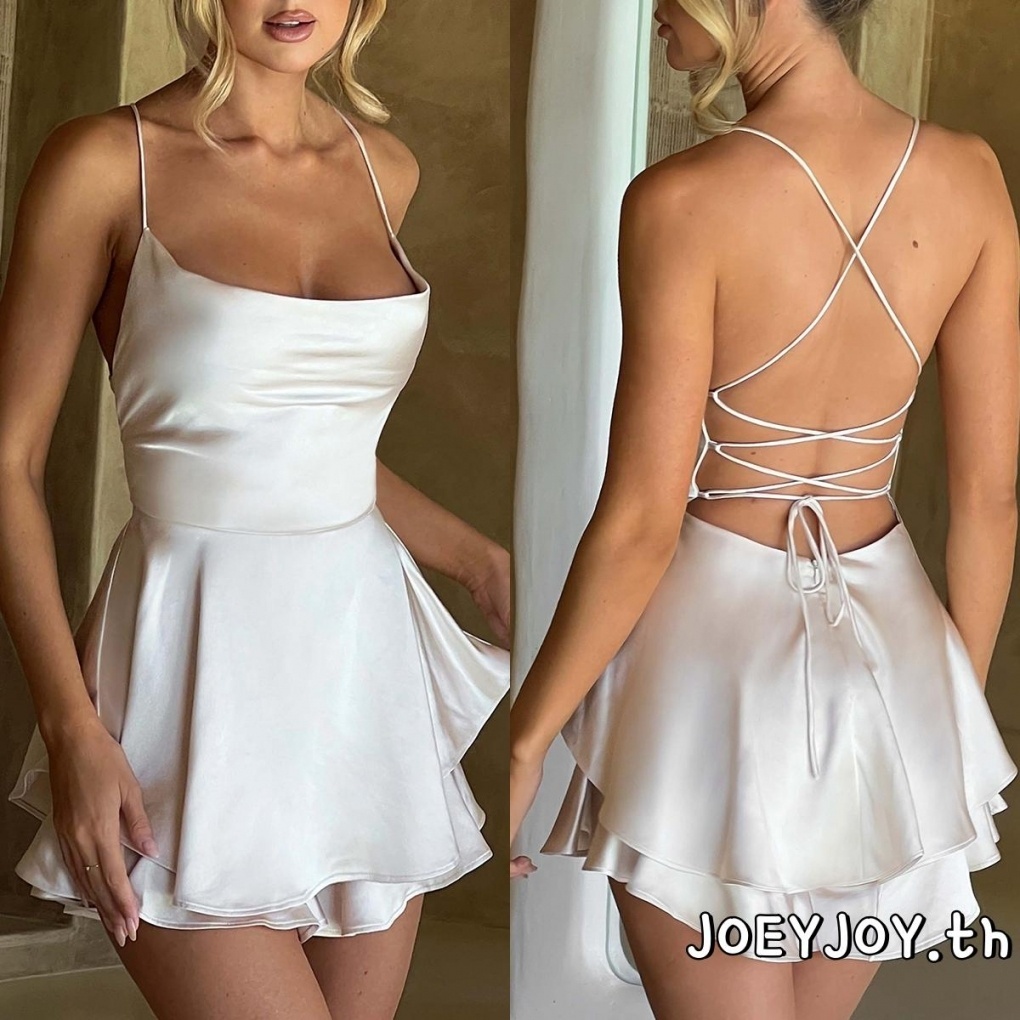 Joeyjoy-ชุดจั๊มสูทผู้หญิง แขนกุด คอวี ผูกไขว้ แขนสั้น ทรงหลวม สำหรับผู้หญิง