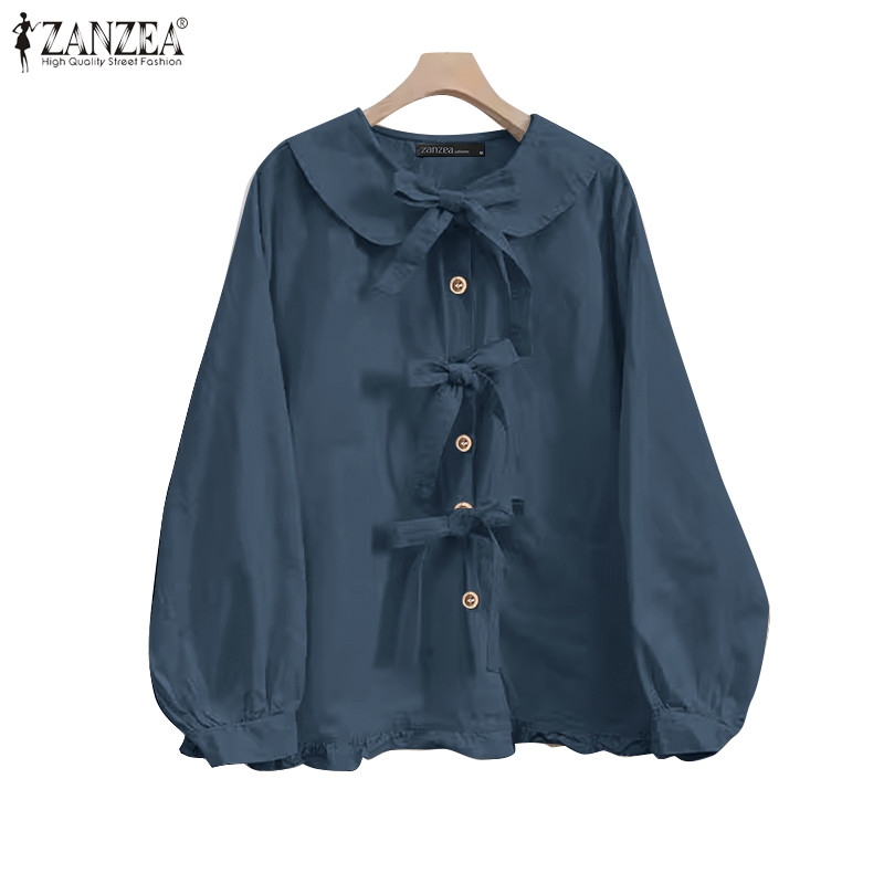 ZANZEA ใส่ ซานเซีย ผู้หญิงแฟชั่นเกาหลีวันหยุดปุ่ม โอ-คอผูกสีทึบเสื้อแขนยาว