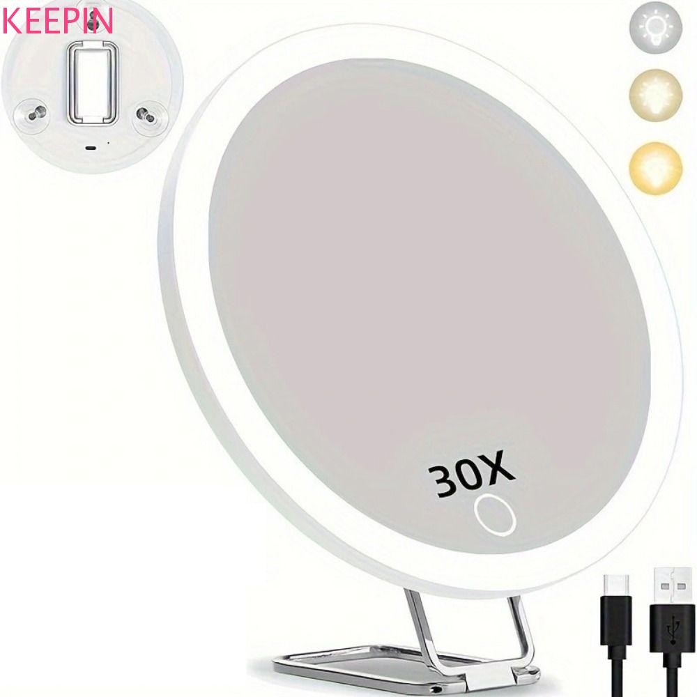 Keepin กระจกขยายพร้อมไฟ 360° ขาตั้งปรับดูดถ้วย นํา กระจกแต่งหน้า,ขนาดกะทัดรัดความละเอียดสูง5/10/20/30xพับแสงแว่นขยาย การท่องเที่ยว