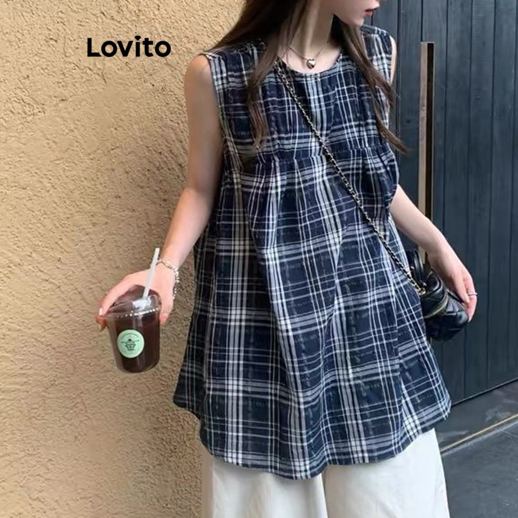 Lovito เสื้อกล้ามลาย ผ้าฝ้ายลายตาราง ลำลองสำหรับผู้หญิง LNA74142