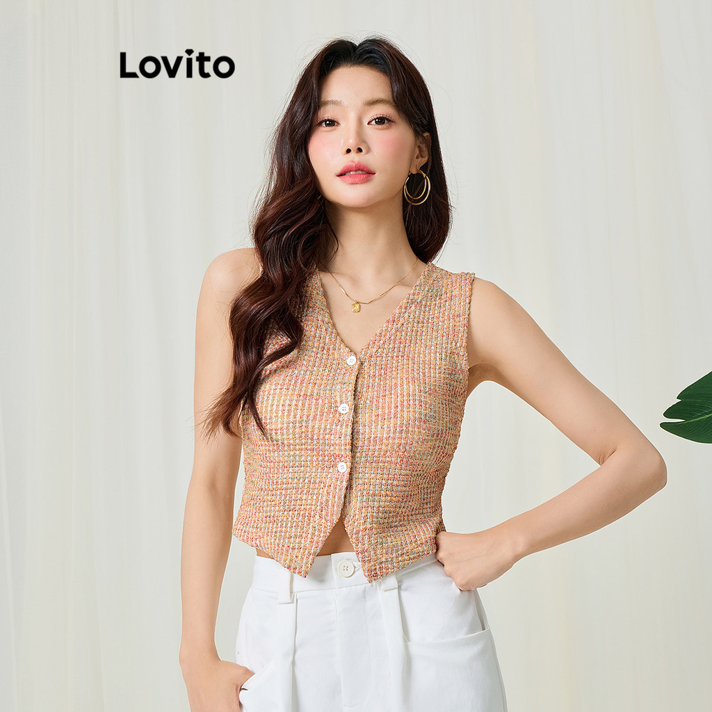 Lovito เสื้อกล้ามลายสก็อตติดกระดุมด้านหน้าสำหรับผู้หญิง L113MD198