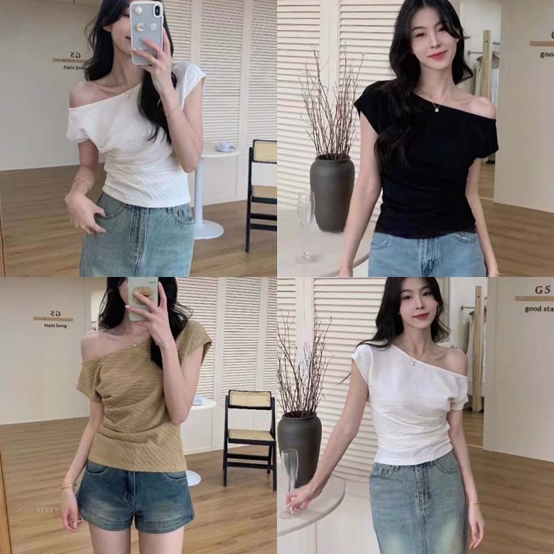 💋Pink girl💋​พร้อมส่ง  เสื้อไหมพรมเปิดไหล่ ดีเทลผ้าร่อง เกาหลีเกาใจ แขนสั้น ยืดกำลังดี "M0551"