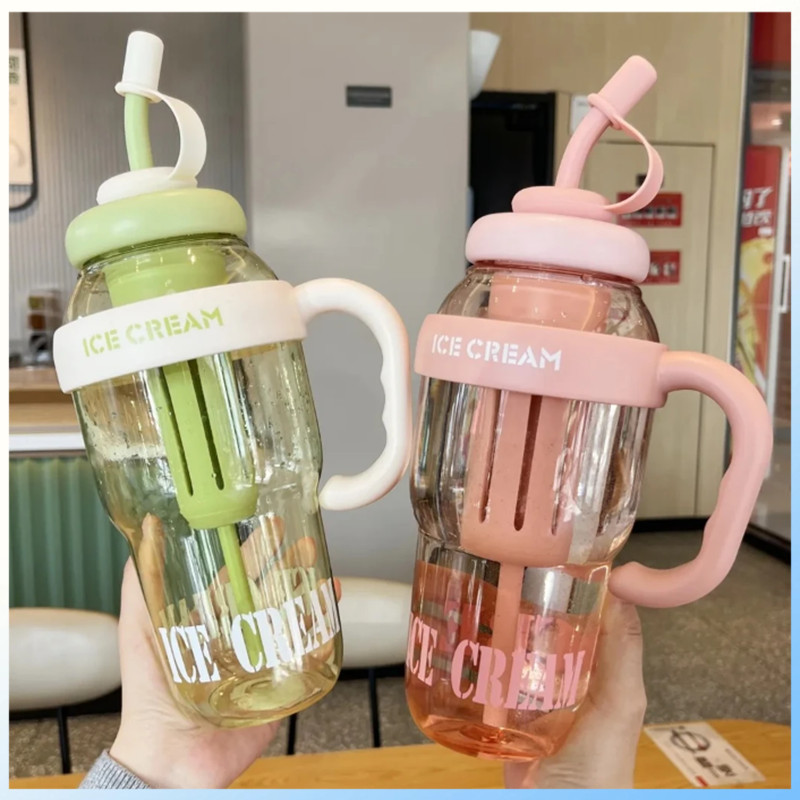 ขวดน้ำ กระบอกใส่ชา กระบอกน้ำ 1300 มล. แก้ว Ice-cream สีสันสดใส ขวดใส่ชา แถมหลอดพร้อมที่กรอง มีที่ปิดจุก