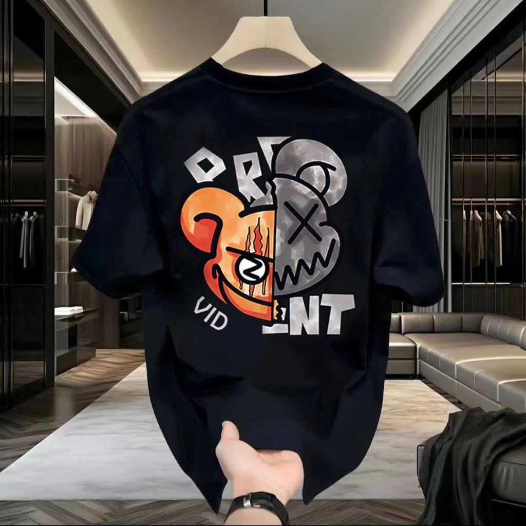 เสื้อยืดคอกลม-แขนสั้น oversize t-shirt สกรีนหน้า-หลัง ลาย "BEAR VID" เสื้อแฟชั่น ฮิปฮอปสุดเท่ เสื้อเมกา สีขาว-ดำ