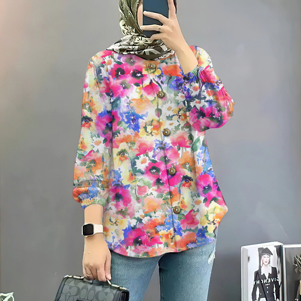 Baju Raya 2025 Vintage ดอกไม้ Muslimah เสื้อ Baju Muslimah เสื้อสไตล์หลวม Muslimah เสื้อแขนยาวสําหรับผู้หญิง