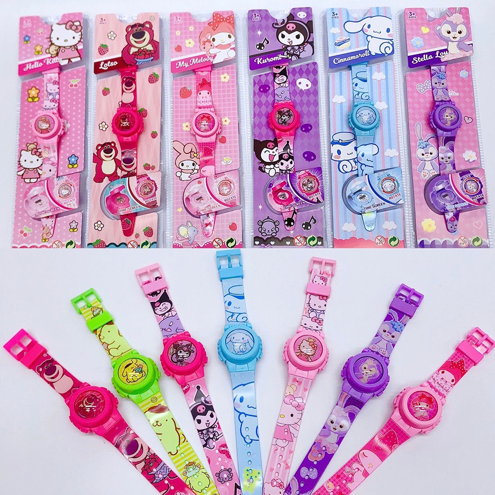 Sanrio Kuromi นาฬิกาข้อมืออิเล็กทรอนิกส์ สายซิลิโคน หมุนได้ ลาย Melody StellaLou Cinnamoroll Strawberry Bear Hello Kitty สําหรับเด็กผู้หญิง นักเรียน ของขวัญ