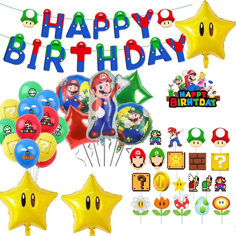 Super Mary Themed การ์ตูนอลูมิเนียมฟิล์มบอลลูนชุด Super Mario เกม Baby Shower วันเกิดตกแต่งของเล่นเด