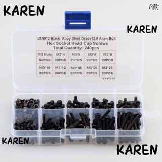 Karen สกรูเมตริก อัลลอย M3 เกรด 12.9 สีดํา พร้อมกล่องเก็บ 4-25 มม. 9 ขนาด DIY 240 ชิ้น