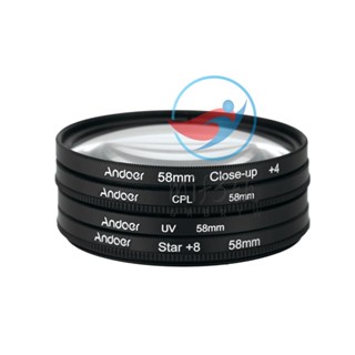 Andoer ชุดฟิลเตอร์กรองแสง UV CPL 58 มม. ระยะใกล้ 4 ดาว 8 จุด ฟิลเตอร์โพลาไรเซอร์ มาโครโคลสอัพสตาร์ 8 จุด พร้อมกระเป๋า สําหรับกล้อง Canon Pentax DSLR