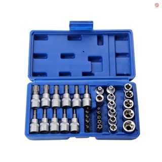 Durable E-Torx Sockets Bit Set - 34Pcs Male Female E-torx Bits 3/8 5/16 Drive Kit with Storage Box