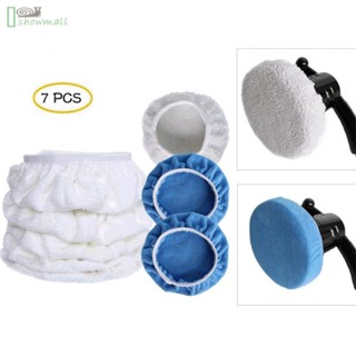 [ISHOWMAL-TH]Polishing Pads Tool Set White+Blue Wool Bonnet Buffer Hoods Microfiber-New In 9-