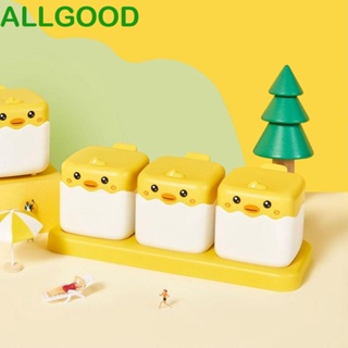 Allgoods กระปุกเครื่องเทศ กล่องปรุงรส ขนาดเล็ก สีเหลือง ใช้ซ้ําได้ สามช่อง พร้อมช้อน ของใช้ในครัวเรือน