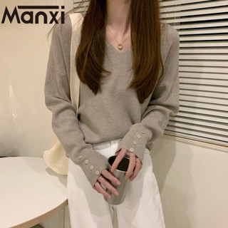 Manxi เสื้อแฟชั่นผู้หญิง เสื้อแขนยาว คลุม ไหมพรม ครอปเสื้อแขนยาว 36Z230908