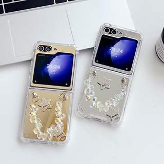 เคสมือถือ แบบกระจก ลายดาว พร้อมสายคล้องคริสตัล หรูหรา สําหรับ Samsung Galaxy Z Flip 5 4 3 Samsung Galaxy Z Flip5 For Z Flip 4 3 5G