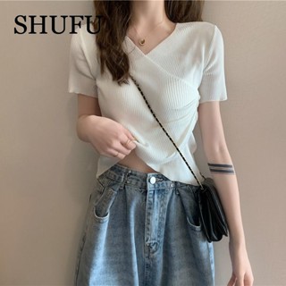 SHUFU 2001 พร้อมส่ง เสื้อครอปแขนสั้น ผ้าชีฟอง คอวี พลัสไซซ์ สไตล์เกาหลี สําหรับผู้หญิง