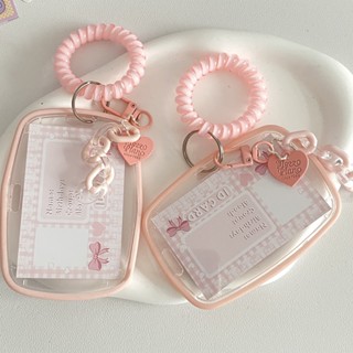 เคสพวงกุญแจ เชือกยางยืด สีชมพู พร้อมจี้ห้อย สําหรับใส่รูปภาพ