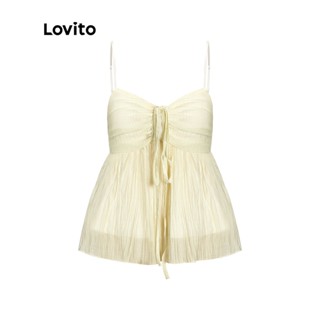 Lovito เสื้อแขนกุด เปิดไหล่ แบบผูกเชือก น่ารัก สีพื้น สำหรับผู้หญิง L51ED071 (สีแอปริคอท)