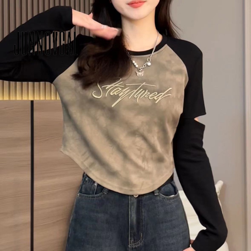 Junnovgal เสื้อยืดแขนยาว ปักลายตัวอักษร ฉลุลาย ขนาดใหญ่ สําหรับผู้หญิง 2023