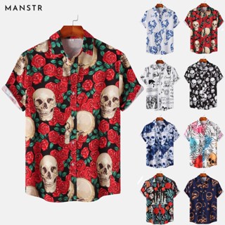 Manstr ใหม่ เสื้อโปโลแขนสั้น พิมพ์ลายดอกไม้ สไตล์ฮาโลวีน ชายหาด แฟชั่นสําหรับผู้ชาย 2023