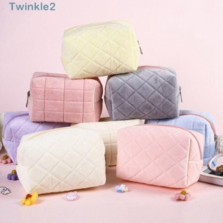 Twinkle กระเป๋าเครื่องสําอาง แต่งขนเฟอร์ แต่งซิป คุณภาพสูง สีพื้น