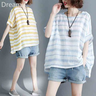 Cotton and linen top large size womens shoulder sleeve T-shirt loose casual slimming striped shirt top