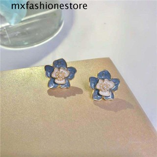 Mxfashione ผู้หญิง ต่างหู เคลือบ อารมณ์ สามมิติ ดอกไม้ เคลือบ Klein สีฟ้า คลิป ต่างหู