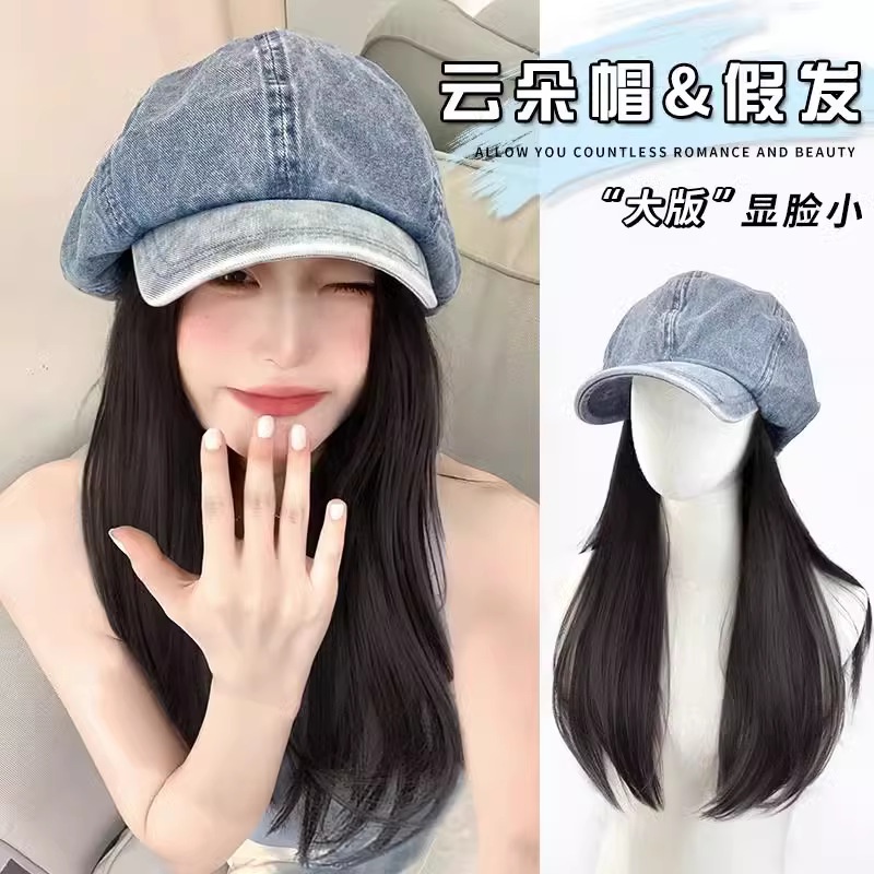 At691 หมวกวิกผมหญิงแฟชั่น Denim Beret พร้อมวิกผม One สไตล์ใหม่ Influencer ธรรมชาติจําลองหมวกปลอม