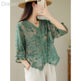 Green cotton and linen shirt womens summer ink print short sleeve shirt linen irregular high-end Ramie top