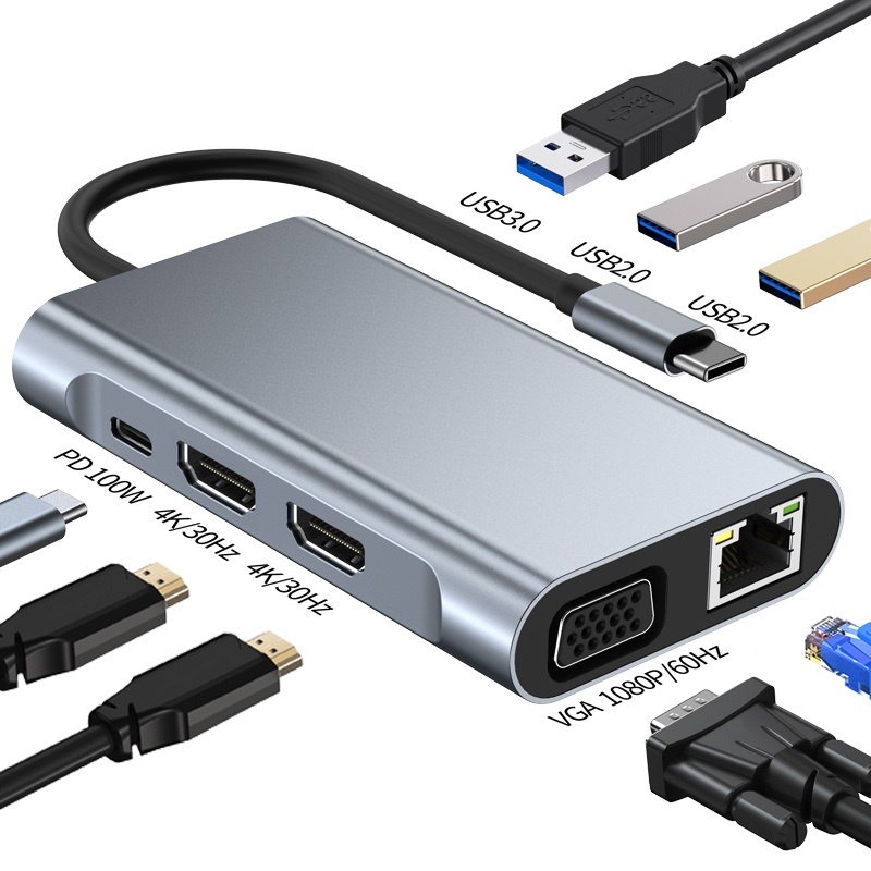 ใหม่ 8-IN-1 ตัวแปลงฮับ Type-C เป็น HDMI 4K VGA RJ45 Ethernet LAN USB3.0 100W PD MST หน้าจอคู่