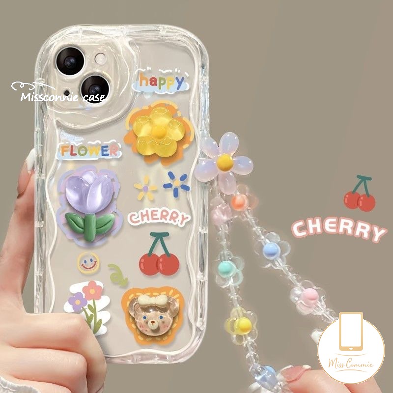 เคสโทรศัพท์มือถือ ลายดอกไม้ หมีน่ารัก 3D พร้อมสายคล้องมือ สําหรับ Vivo Y16 Y17sY27 Y36 Y35 Y21 Y15 Y22s Y02 Y51 Y12i Y33s Y91 Y50 Y17 Y12s Y15s Y91C Y20 Y12s Y12 Y21s Y20s V25 E Y11 Y30 V29 Y15A