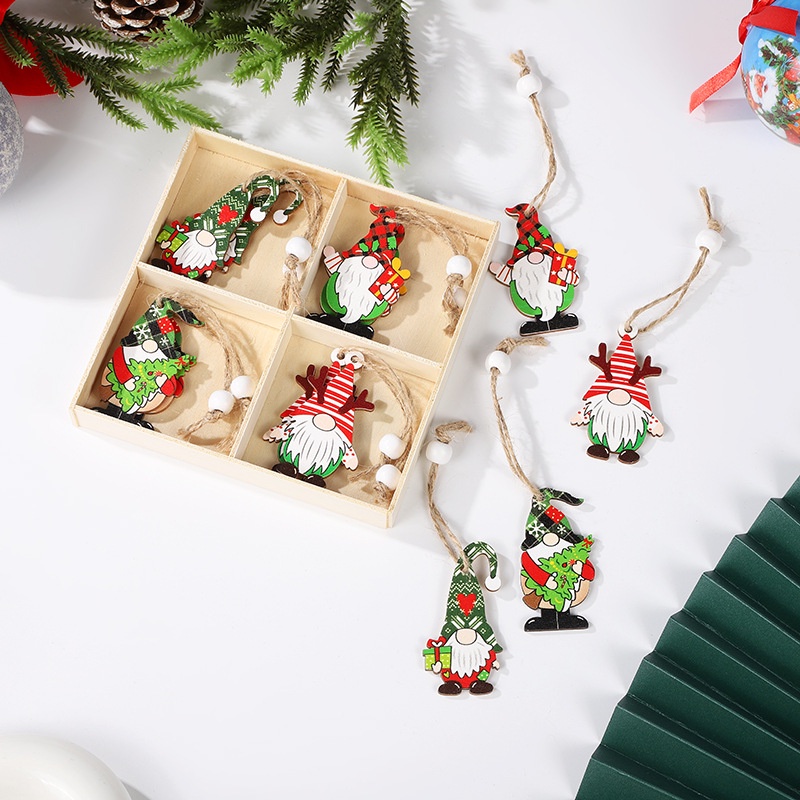 2025 คริสต์มาสทาสีไม้จี้ Santa Claus ของขวัญตกแต่งต้นคริสต์มาส 12 Pac กล่องตกแต่ง Love Xmas Peace & Love