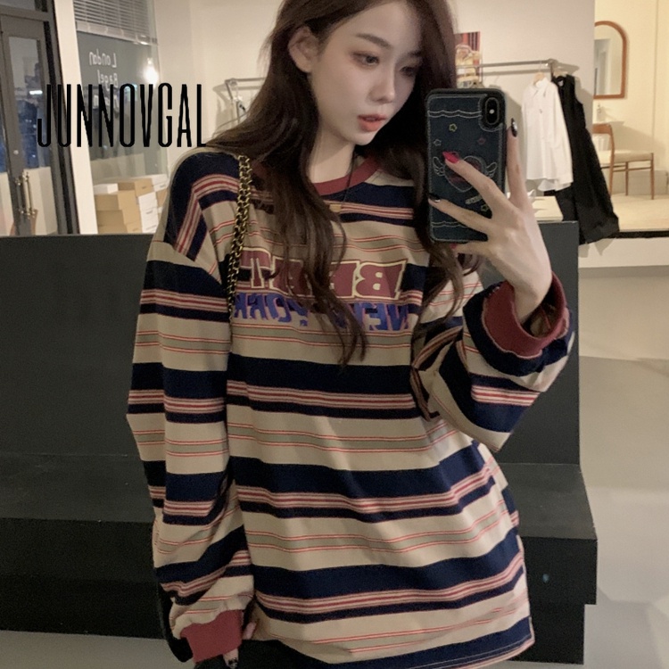 Junnovgal ใหม่ เสื้อกันหนาวลําลอง แขนยาว ลายทาง สีตัดกัน ทรงสลิมฟิต สําหรับสตรี 2023