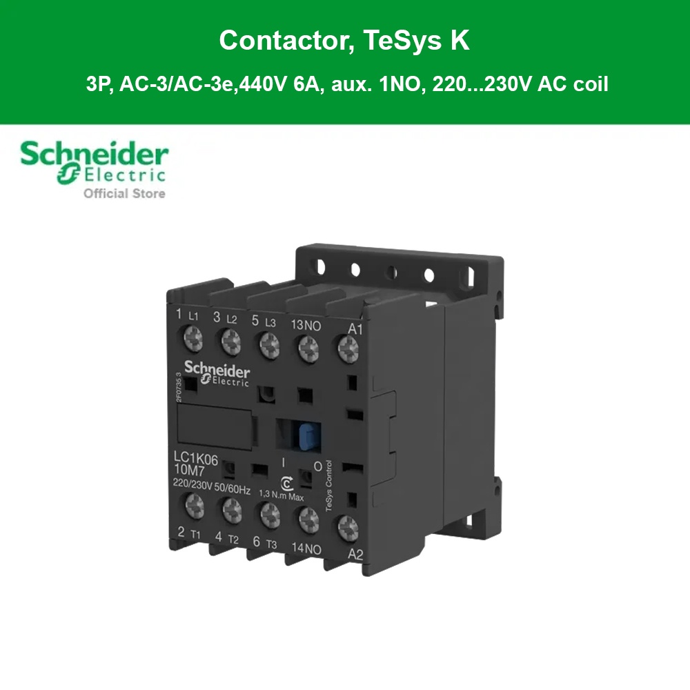 Schneider Electric Contactor,TeSys K,3P,AC-3/AC-3e,440V 6A,aux. 1NO,220..230V AC coil,screw clamp te