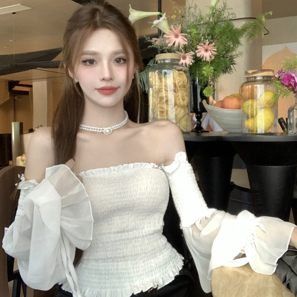 เสื้อแขนยาว เปิดไหล่ ผ้าชีฟอง แฟชั่นฤดูใบไม้ร่วง สําหรับผู้หญิง