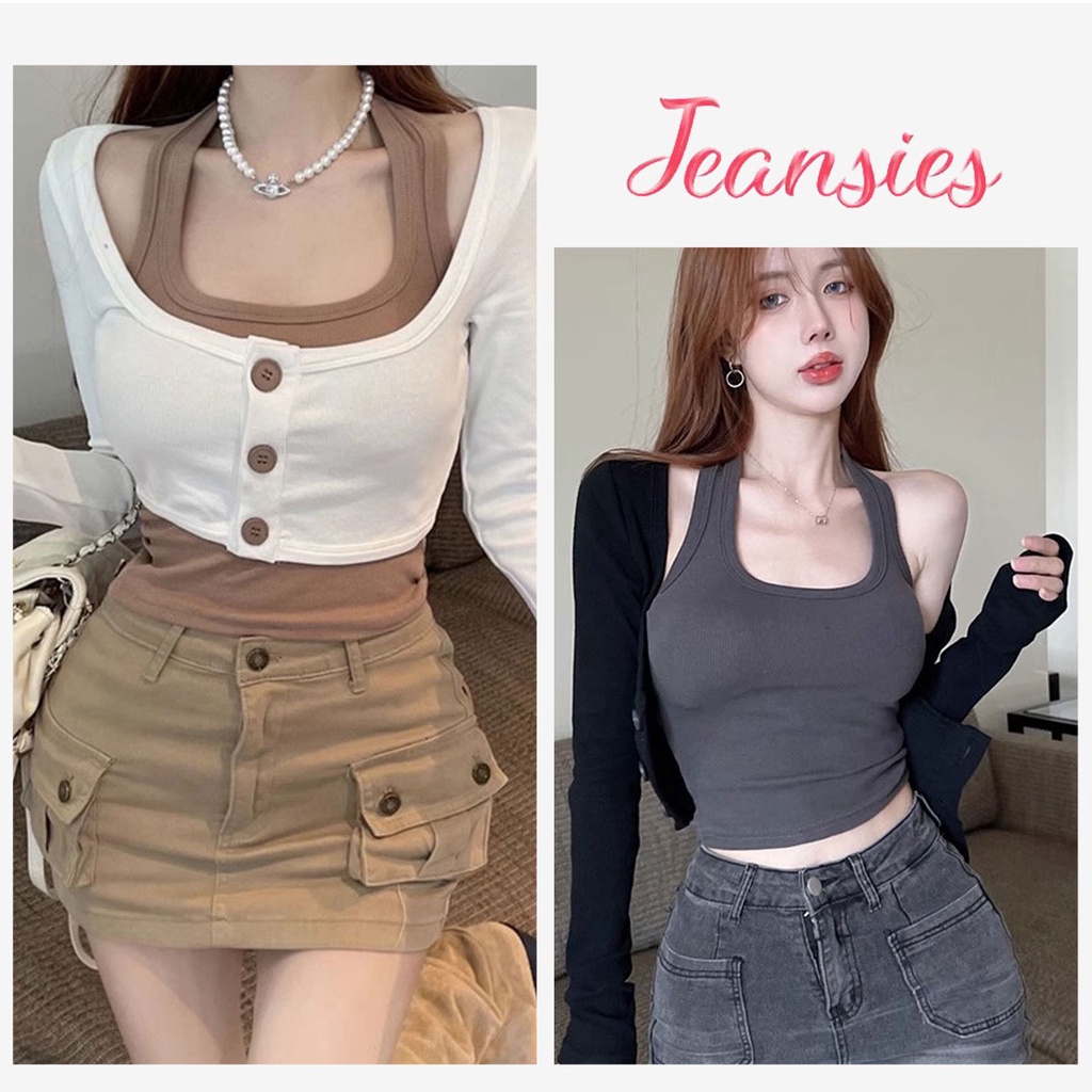 เสื้อครอปเเขนยาว 2 ชิ้น ครอปเกาหลี สายเดี่ยวแฟชั่น