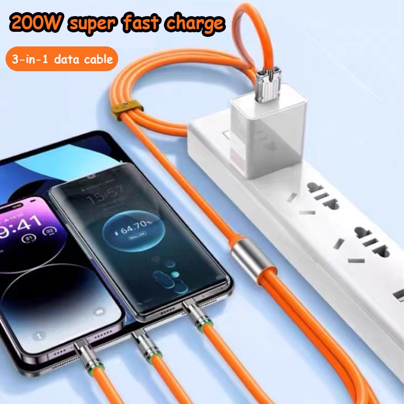 3 in 1 สายชาจเร็ว Type-C Micro-USB Liquid ซิลิโคนสาย 200W 6A super fast charging สายเคเบิลข้อมูล