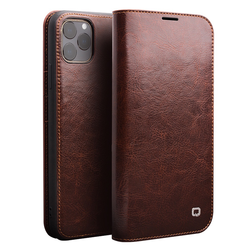 Qialino เคสโทรศัพท์มือถือ หนังวัวแท้ พร้อมช่องใส่บัตร สําหรับ iPhone 14 13 12 Pro Max mini XR X XS Max 7 8 Plus SE2