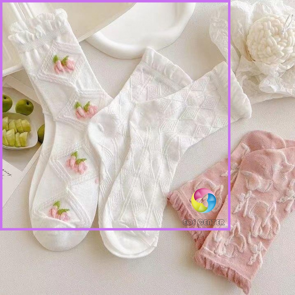 EC. ถุงเท้าลายดอกไม้  แฟชั่นโลลิต้า  วัสดุผ้าฝ้ายโพลีเอสเตอร์ สไตล์ญี่ปุ่น  Women socks - รูปที่ 2
