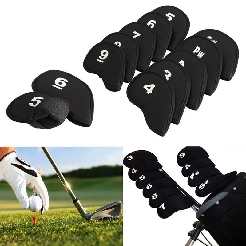 10pcs Black Golf Head Covers Club Iron Putter Head Protector Neoprene Cover Golf Accessory 3 4 5 6 7