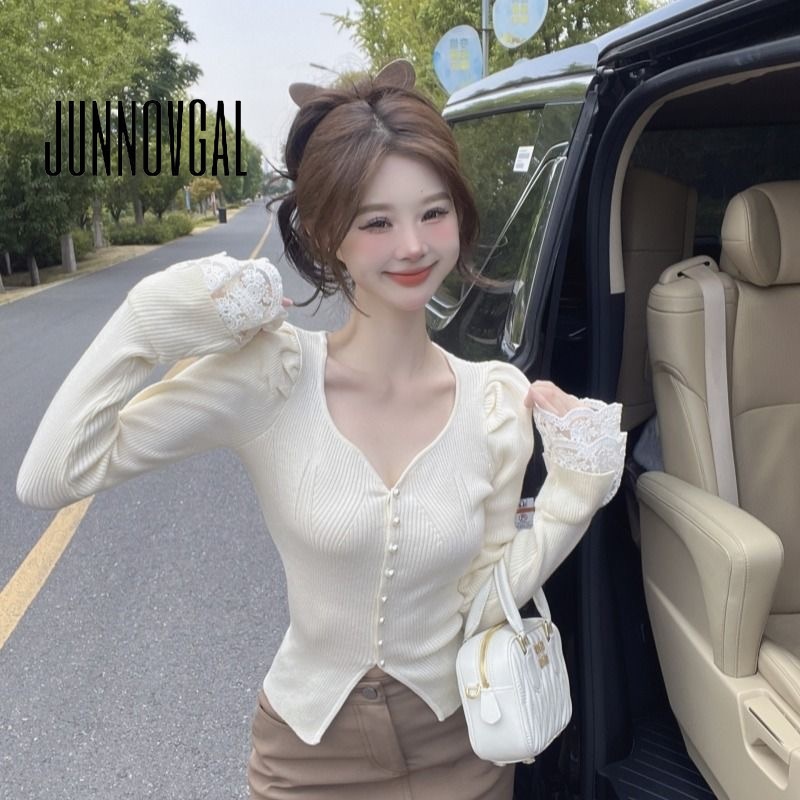 JUNNOVGAL เสื้อคาร์ดิแกนผู้หญิงสีทึบคอวีลําลองสไตล์ใหม่แขนยาวทุกการแข่งขัน
