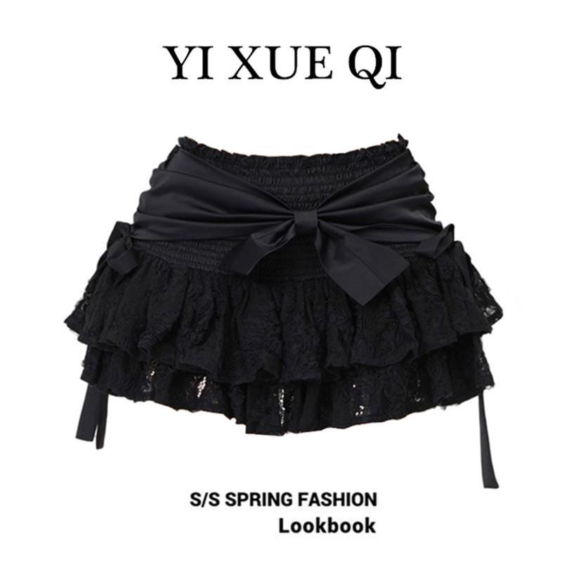 สไตล์บัลเล่ต์ QI ฤดูใบไม้ผลิฤดูร้อนสีดําแมวดํา All-Match ลูกไม้ High-End YI Pettiskirt XUE Bowknot กระโปรง 4KYV