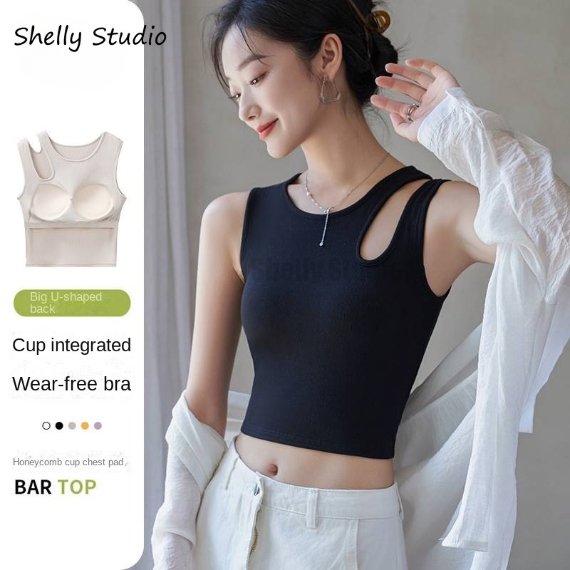 เสื้อกล้ามแฟชั่นเกาหลี สําหรับผู้หญิง ใส่ด้านใน พร้อมเบาะหน้าอก ตัวสั้น
