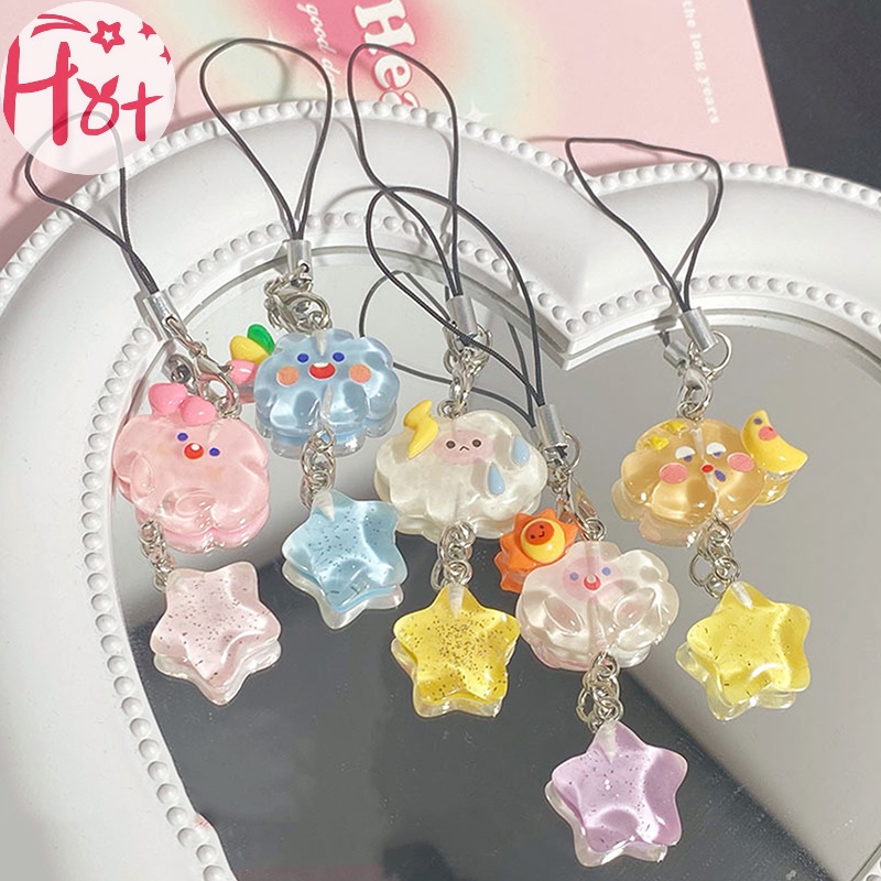 Ge พวงกุญแจ สายคล้องโทรศัพท์มือถือ ทรงสี่เหลี่ยม ลายการ์ตูนเมฆ ดาวน่ารัก สีแคนดี้ สําหรับเด็กผู้หญิง